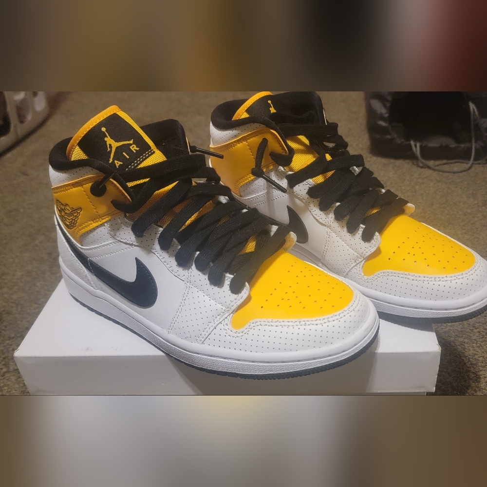 Air Jordan's, size 8, white, black, university gold.